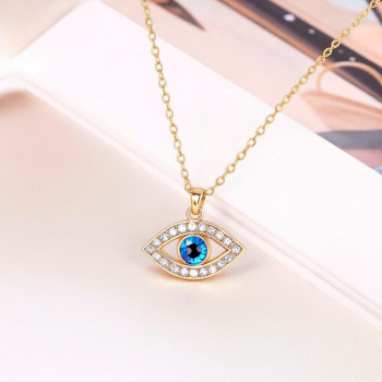 18 Karat Gold Plated Brass Zircon Evil Eye Necklace (Blue Stone and Clear Zirconia Stones)
