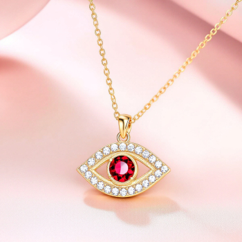 18 Karat Gold Plated Brass Zircon Evil Eye Necklace (Red and Clear Zirconia Stones)